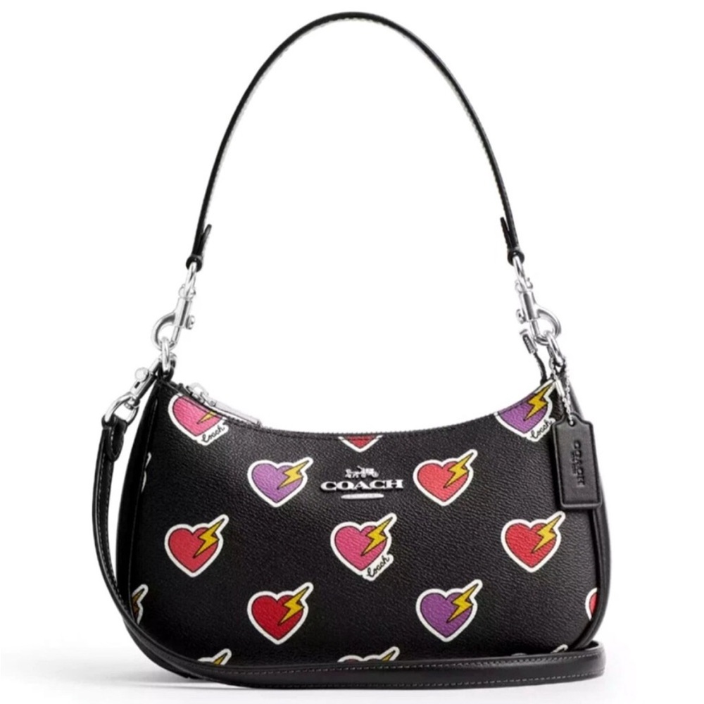 Coach Black Teri Shoulder Bag With Heart Bolt Print